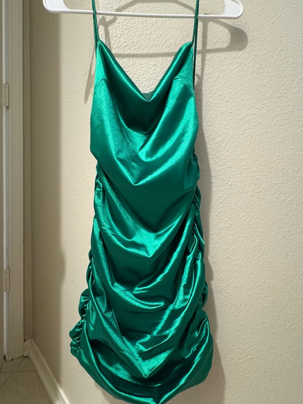 Better Be Women’s Satin Cowl Neck Ruched Slip Dress in Emerald Green